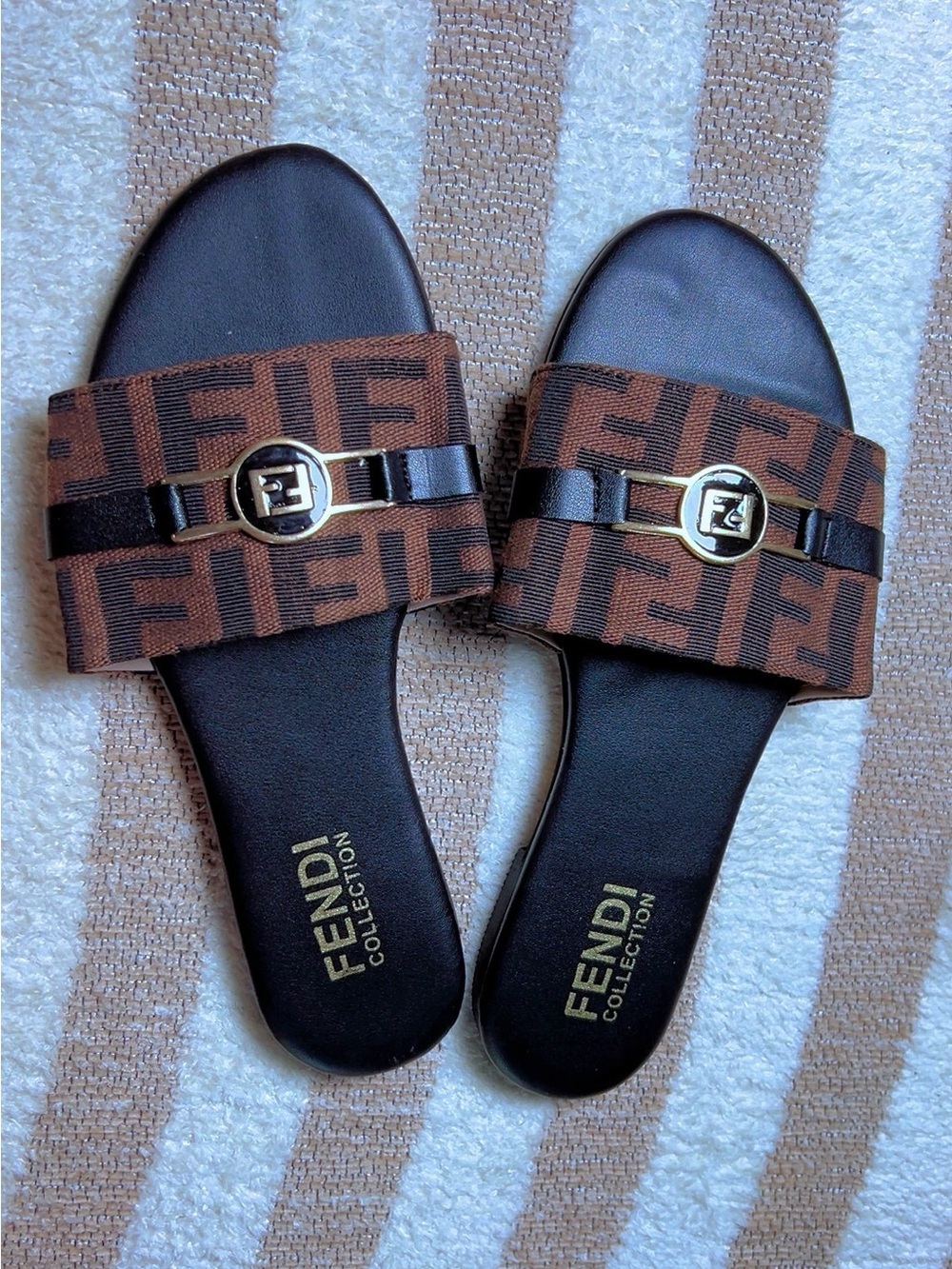 Fendi Brown FF Logo Slide Sandals with Gold Buckle